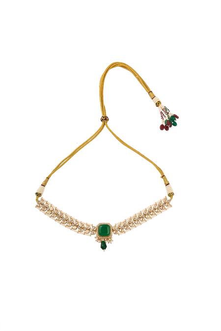 Nazaakat By Samara Singh_Green Stones, Pearls Brass Necklace And Earring Set _Online_at_Aza_Fashions