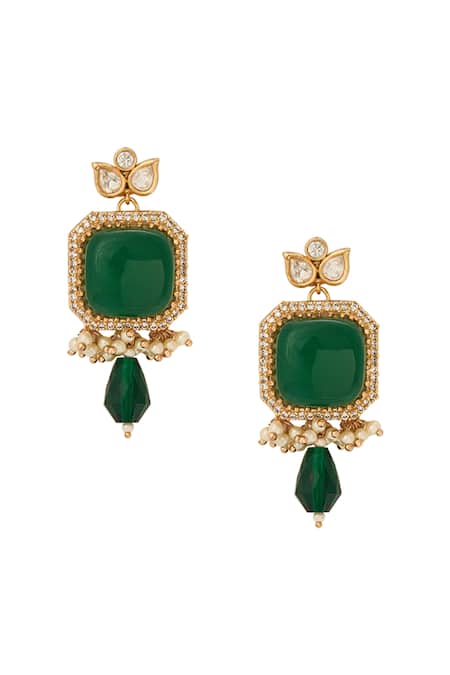 Buy_Nazaakat By Samara Singh_Green Stones, Pearls Brass Necklace And Earring Set _Online_at_Aza_Fashions