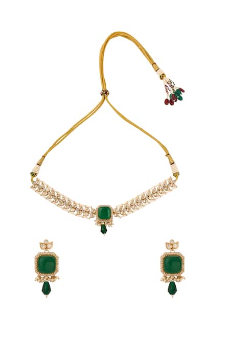 Nazaakat By Samara Singh Green Brass Necklace & Earring Set 