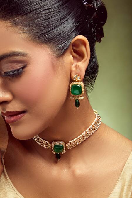 Nazaakat By Samara Singh_Green Stones, Pearls Brass Necklace And Earring Set _at_Aza_Fashions
