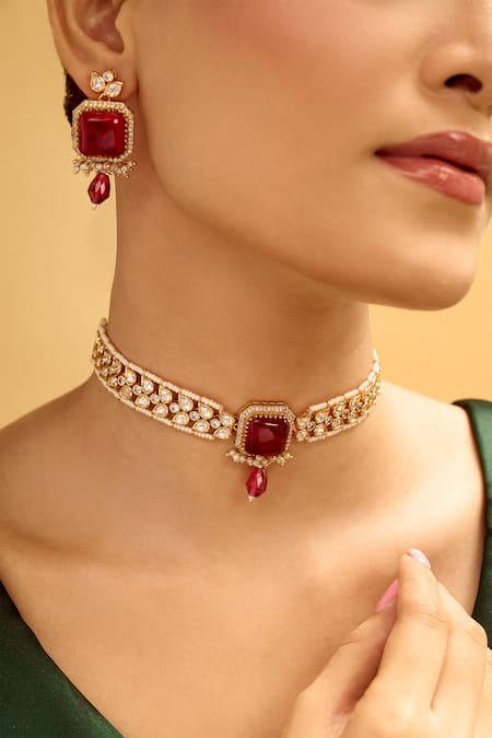Buy Nazaakat By Samara Singh Red Ruby Stone Embellished Jewellery Set Buy_Nazaakat By Samara Singh_Red Ruby Stone Embellished Jewellery Set