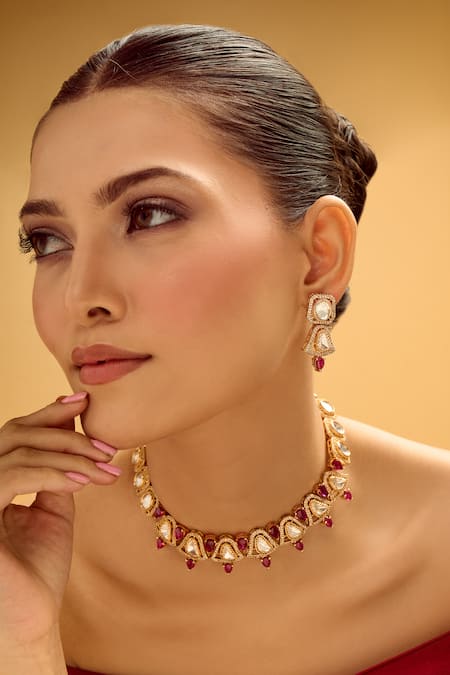 Nazaakat By Samara Singh_Red Stones Ruby Embellished Necklace Set _at_Aza_Fashions