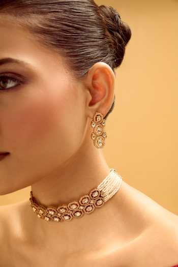 Buy_Nazaakat By Samara Singh_Gold Plated And White Necklace Earring Set _Online_at_Aza_Fashions