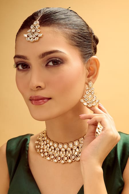 Shop Nazaakat By Samara Singh White Gold Plated Necklace And Earring Set Shop_Nazaakat By Samara Singh_White Gold Plated Necklace And Earring Set