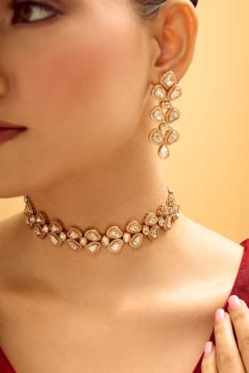 Shop_Nazaakat By Samara Singh_Gold Plated Cut Work, Stones Brass Necklace And Earring Set _Online_at_Aza_Fashions