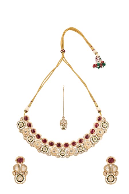 Shop Nazaakat By Samara Singh Red Brass And Green Stone Embellished Jewellery Set at Aza Fashions Shop_Nazaakat By Samara Singh_Red Brass And Green Stone Embellished Jewellery Set _at_Aza_Fashions