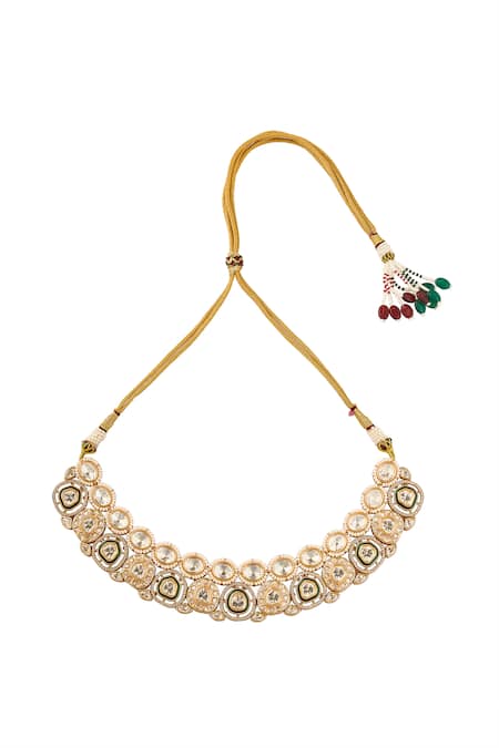 Nazaakat By Samara Singh_Green Stones, Pearls Traditional Brass Jewellery Set _at_Aza_Fashions