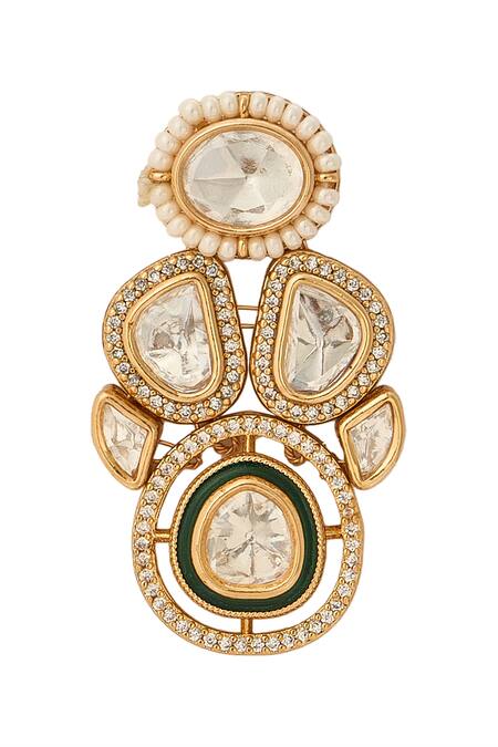 Shop_Nazaakat By Samara Singh_Green Stones, Pearls Traditional Brass Jewellery Set 