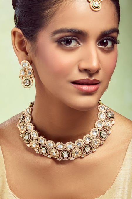 Nazaakat By Samara Singh Green Stones, Pearls Traditional Brass Jewellery Set