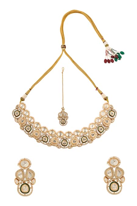 Shop_Nazaakat By Samara Singh_Green Stones, Pearls Traditional Brass Jewellery Set _at_Aza_Fashions