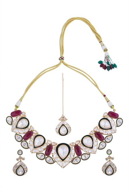 Shop_Nazaakat By Samara Singh_Red Stones And Gold Necklace Set _at_Aza_Fashions
