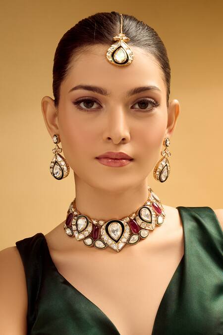 Shop_Nazaakat By Samara Singh_Red Stones And Gold Necklace Set 