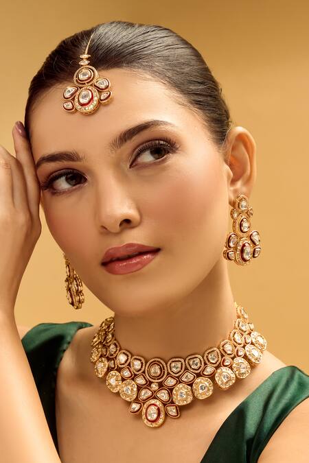 Buy_Nazaakat By Samara Singh_Red And Gold Brass Jewellery Set 