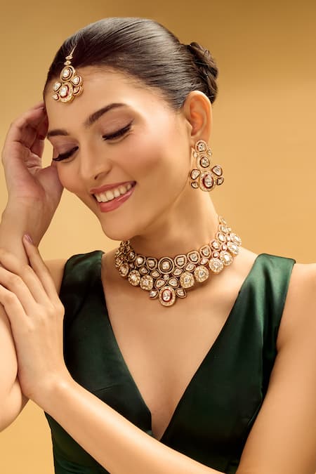 Samyukta Singhania Red & Gold Brass Jewellery Set 