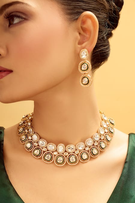 Buy Nazaakat By Samara Singh Green Imitation Diamonds And Gold Brass Jewelry Set Buy_Nazaakat By Samara Singh_Green Imitation Diamonds And Gold Brass Jewelry Set