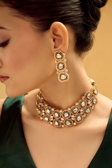 Buy Nazaakat By Samara Singh Green And Gold Brass Jewellery Set Buy_Nazaakat By Samara Singh_Green And Gold Brass Jewellery Set