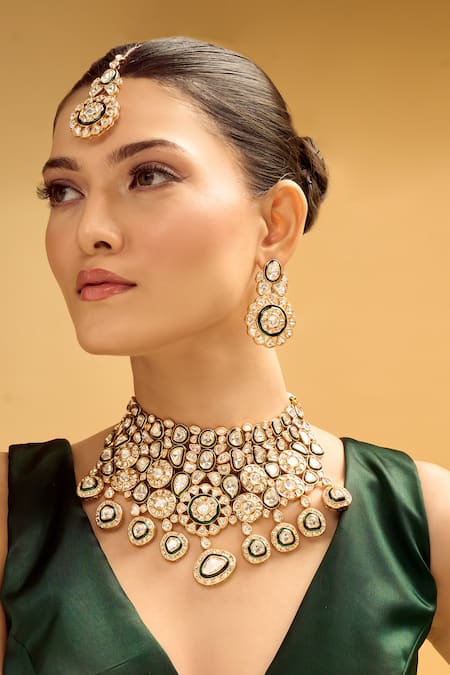 Nazaakat By Samara Singh Green & Gold Brass Jewellery Set 