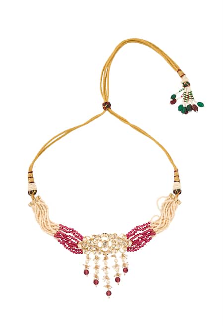 Nazaakat By Samara Singh_Red Stones Ruby Brass Necklace And Earring Set _Online_at_Aza_Fashions