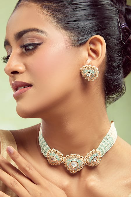 Buy Nazaakat By Samara Singh Cream Brass Beaded Necklace And Earring Set Buy_Nazaakat By Samara Singh_Cream Brass Beaded Necklace And Earring Set