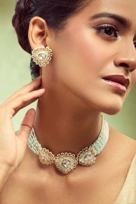 Buy_Nazaakat By Samara Singh_Cream Mint And Creme Embellished Jewellery Set 