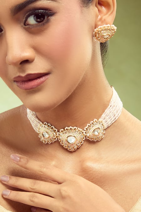 Shop_Nazaakat By Samara Singh_Mint Pearls And Pink Embellished Jewellery Set _Online_at_Aza_Fashions