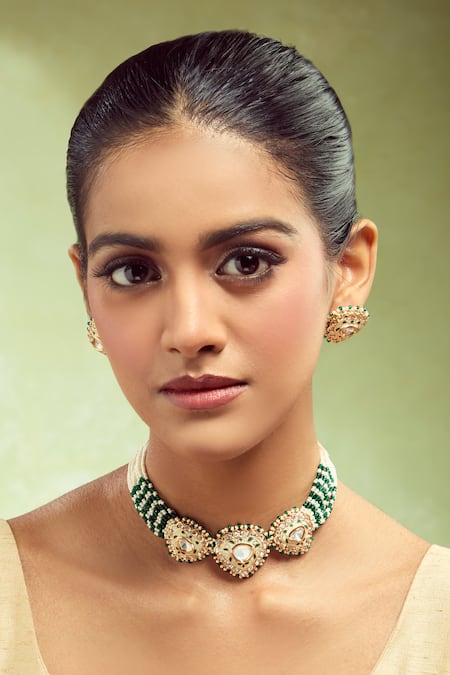 Shop_Nazaakat By Samara Singh_Cream Beads Creme And Green Brass Jewellery Set _Online_at_Aza_Fashions