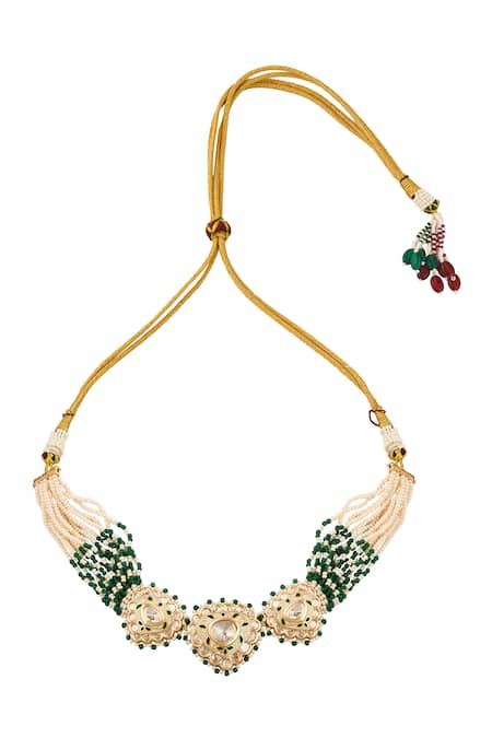 Nazaakat By Samara Singh_Cream Beads Creme And Green Brass Jewellery Set _at_Aza_Fashions
