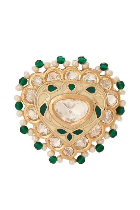 Buy_Nazaakat By Samara Singh_Cream Beads Creme And Green Brass Jewellery Set 