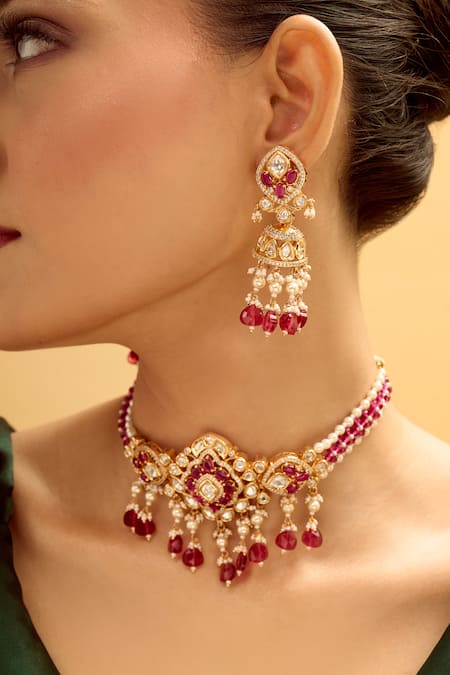 Shop Nazaakat By Samara Singh Red Stones Ruby Embellished Jewellery Set Online at Aza Fashions Shop_Nazaakat By Samara Singh_Red Stones Ruby Embellished Jewellery Set _Online_at_Aza_Fashions