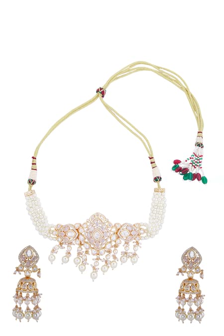 Shop Nazaakat By Samara Singh White Pearls, Stones And Gold Embellished Jewellery Set at Aza Fashions Shop_Nazaakat By Samara Singh_White Pearls, Stones And Gold Embellished Jewellery Set _at_Aza_Fashions