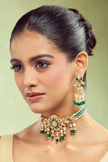 Nazaakat By Samara Singh Green Stones, Pearls Brass Jewellery Set