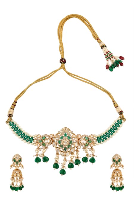Shop Nazaakat By Samara Singh Green Stones, Pearls Brass Jewellery Set at Aza Fashions Shop_Nazaakat By Samara Singh_Green Stones, Pearls Brass Jewellery Set _at_Aza_Fashions