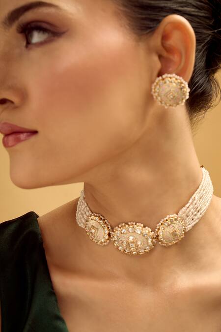 Buy_Nazaakat By Samara Singh_Cream Beads Creme And Pink Jewellery Set 