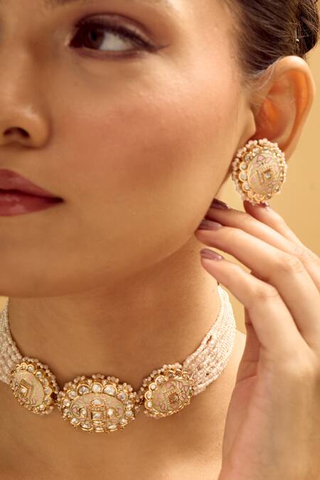 Shop_Nazaakat By Samara Singh_Cream Beads Creme And Pink Jewellery Set 