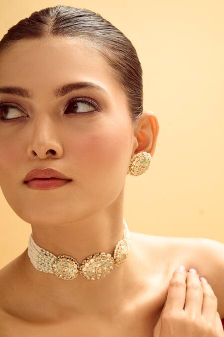 Shop_Nazaakat By Samara Singh_Cream Creme And Mint Traditional Jewellery Set _Online_at_Aza_Fashions