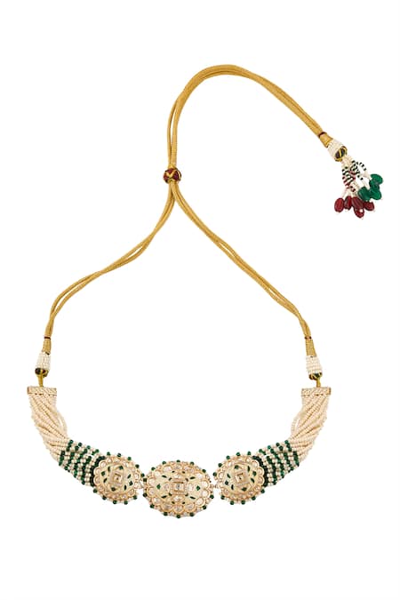 Buy_Nazaakat By Samara Singh_Cream Stones Creme And Green Beaded Jewellery Set _Online_at_Aza_Fashions