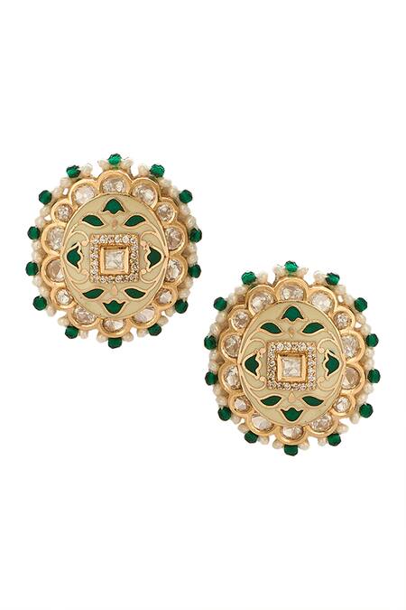 Shop_Nazaakat By Samara Singh_Cream Stones Creme And Green Beaded Jewellery Set _Online_at_Aza_Fashions