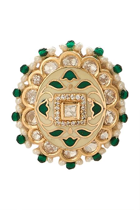 Nazaakat By Samara Singh_Cream Stones Creme And Green Beaded Jewellery Set _at_Aza_Fashions