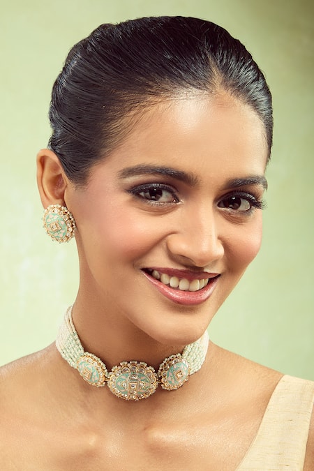 Samyukta Singhania Mint & Pink Brass Jewellery Set 