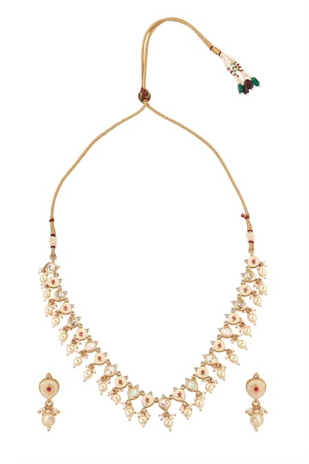 Shop Nazaakat By Samara Singh Cream Pearls Creme And Ruby Brass Jewellery Set at Aza Fashions Shop_Nazaakat By Samara Singh_Cream Pearls Creme And Ruby Brass Jewellery Set _at_Aza_Fashions