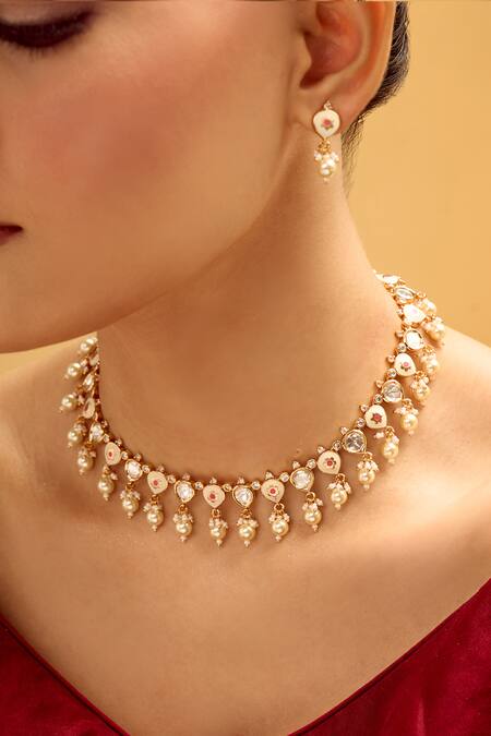 Buy Nazaakat By Samara Singh Cream Pearls Creme And Ruby Brass Jewellery Set Buy_Nazaakat By Samara Singh_Cream Pearls Creme And Ruby Brass Jewellery Set