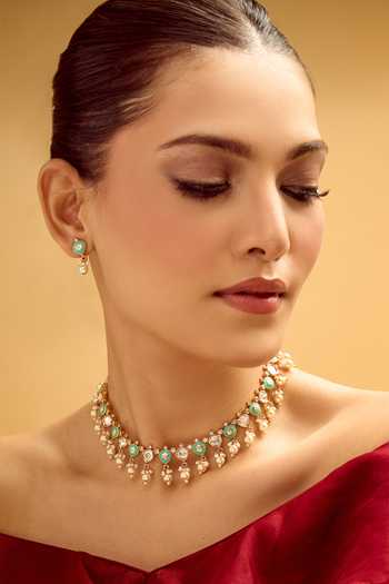 Nazaakat By Samara Singh Mint Pearls And Pink Floral Jewellery Set at Aza Fashions Nazaakat By Samara Singh_Mint Pearls And Pink Floral Jewellery Set _at_Aza_Fashions