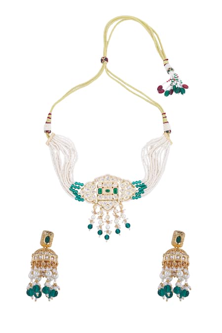 Shop Nazaakat By Samara Singh Cream Pearls Creme Green Brass Jewellery Set at Aza Fashions Shop_Nazaakat By Samara Singh_Cream Pearls Creme Green Brass Jewellery Set _at_Aza_Fashions