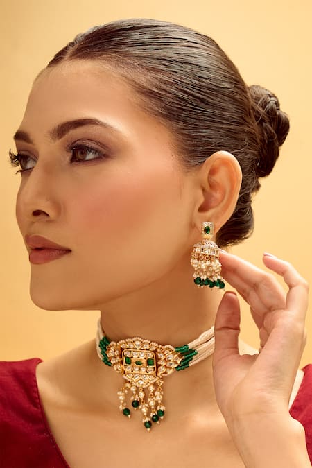 Nazaakat By Samara Singh Cream Pearls Creme Green Brass Jewellery Set at Aza Fashions Nazaakat By Samara Singh_Cream Pearls Creme Green Brass Jewellery Set _at_Aza_Fashions