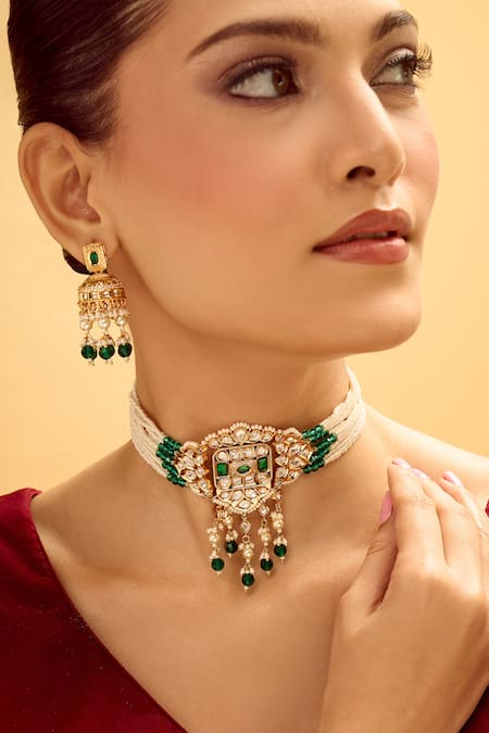 Samyukta Singhania Creme Green Brass Jewellery Set 