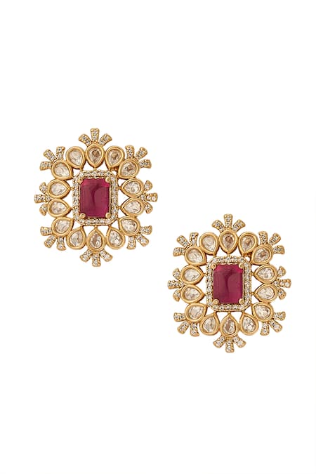 Shop Nazaakat By Samara Singh Red Stones Ruby Brass Necklace And Earring Set Online at Aza Fashions Shop_Nazaakat By Samara Singh_Red Stones Ruby Brass Necklace And Earring Set _Online_at_Aza_Fashions