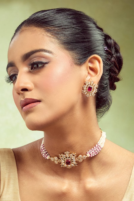 Buy Nazaakat By Samara Singh Red Stones Ruby Brass Necklace And Earring Set at Aza Fashions Buy_Nazaakat By Samara Singh_Red Stones Ruby Brass Necklace And Earring Set _at_Aza_Fashions