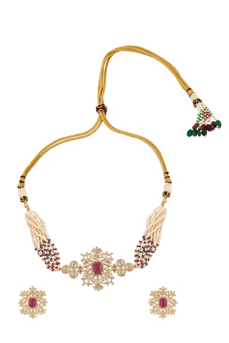 Shop Nazaakat By Samara Singh Red Stones Ruby Brass Necklace And Earring Set at Aza Fashions Shop_Nazaakat By Samara Singh_Red Stones Ruby Brass Necklace And Earring Set _at_Aza_Fashions