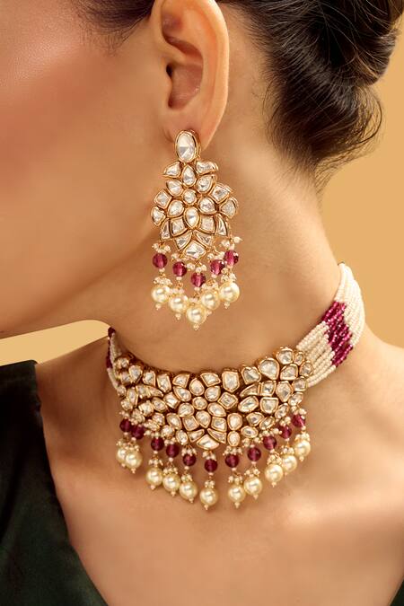 Shop Nazaakat By Samara Singh Red Pearls, Stones Ruby Brass Necklace And Earring Set Online at Aza Fashions Shop_Nazaakat By Samara Singh_Red Pearls, Stones Ruby Brass Necklace And Earring Set _Online_at_Aza_Fashions