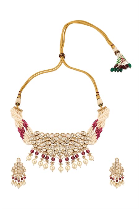 Shop Nazaakat By Samara Singh Red Pearls, Stones Ruby Brass Necklace And Earring Set at Aza Fashions Shop_Nazaakat By Samara Singh_Red Pearls, Stones Ruby Brass Necklace And Earring Set _at_Aza_Fashions